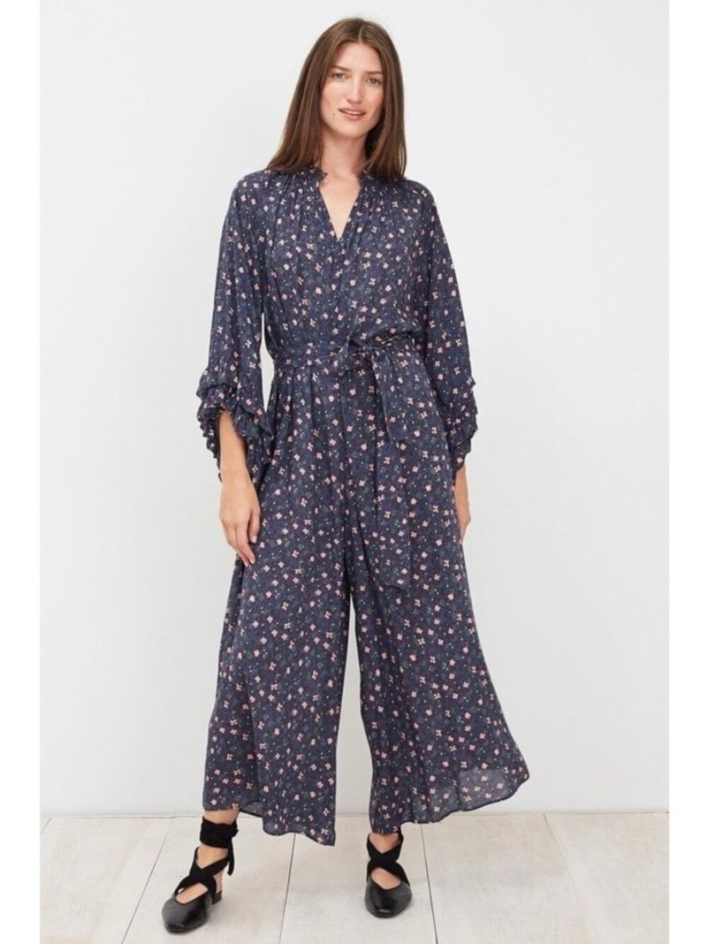 Apiece Apart Ruffle Isla Jumpsuit in Navy Floral 0